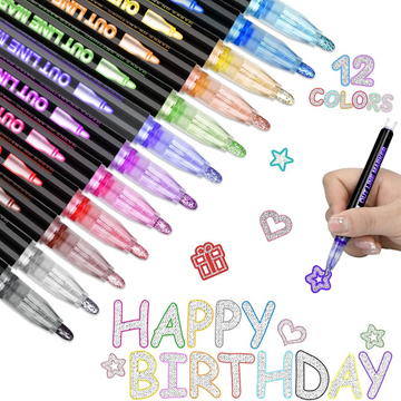 Metallic Outline Markers | Glitter Ink Dual Line Effect | 12 Colors