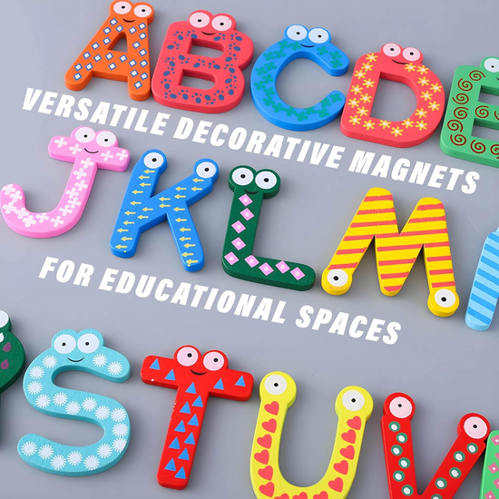 Vibrant educational wooden alphabet toy set featuring playful character designs on each letter.