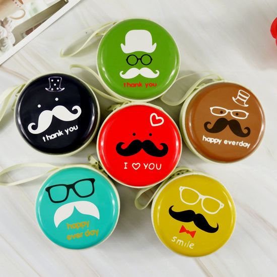 Mustache design round mini coin pouches in assorted colors