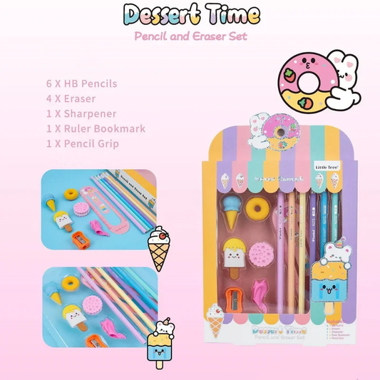 Cute dessert-themed stationery set for kids with colorful pencils, sweet treat erasers, and fun ice cream packaging.