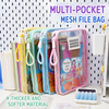 A4 transparent mesh folder in pastel colors, featuring a dual-compartment design, zipper closure, and rope handle.