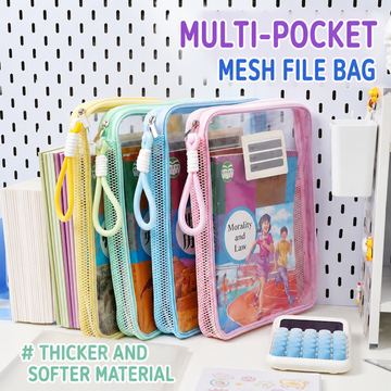 A4 transparent mesh folder in pastel colors, featuring a dual-compartment design, zipper closure, and rope handle.