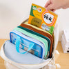 A hand demonstrating the convenient L-shaped vertical opening of the subject organizer bag to retrieve a textbook