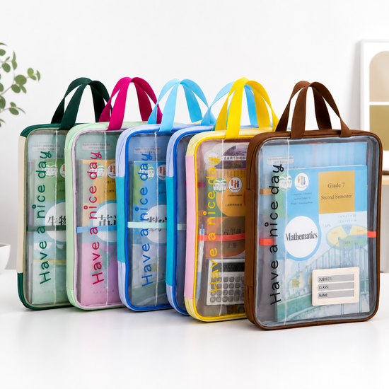 A group of colorful A4 net printed mesh subject organizer bags standing on a surface with subject labels