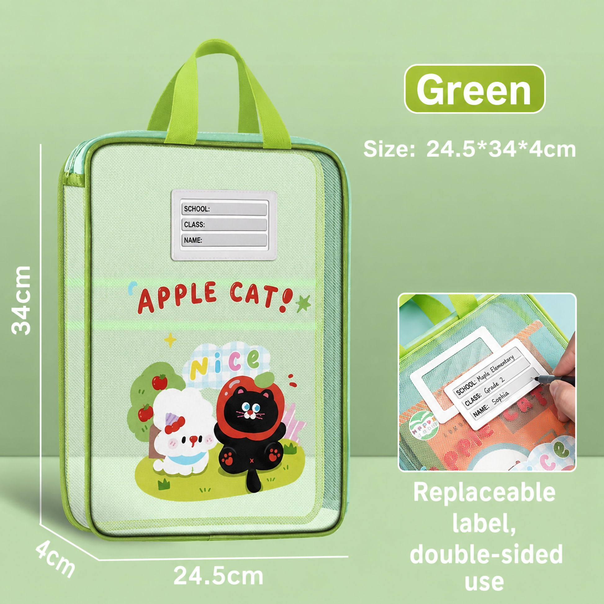 ront view of a pink 3-layer, 2-compartment mesh organizer bag with dimensions (34x24.5x4cm) shown, featuring a label slot for student details.