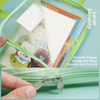 A hand demonstrating the convenient L-shaped vertical opening of the subject organizer bag to retrieve a textbook.