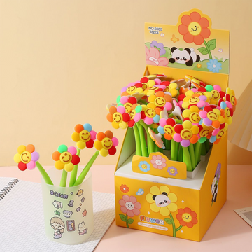 Yellow retail display box filled with 48 pieces of cute flower shake gel pens