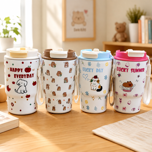 Aesthetic Animal Travel Coffee Cup with Strap 500ml | Portable and Best For Travel