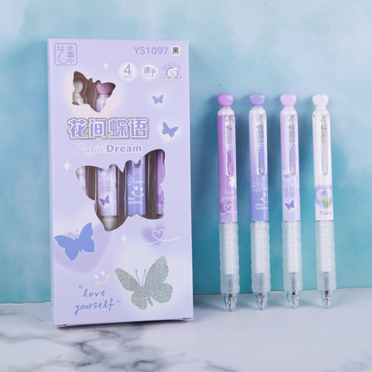Aesthetic Purple Dream Butterfly Retractable Gel Pen Set Of 4