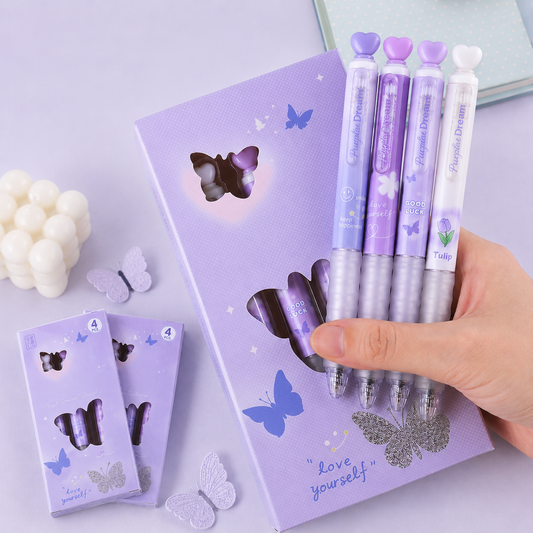 Aesthetic Purple Dream Butterfly Retractable Gel Pen Set Of 4