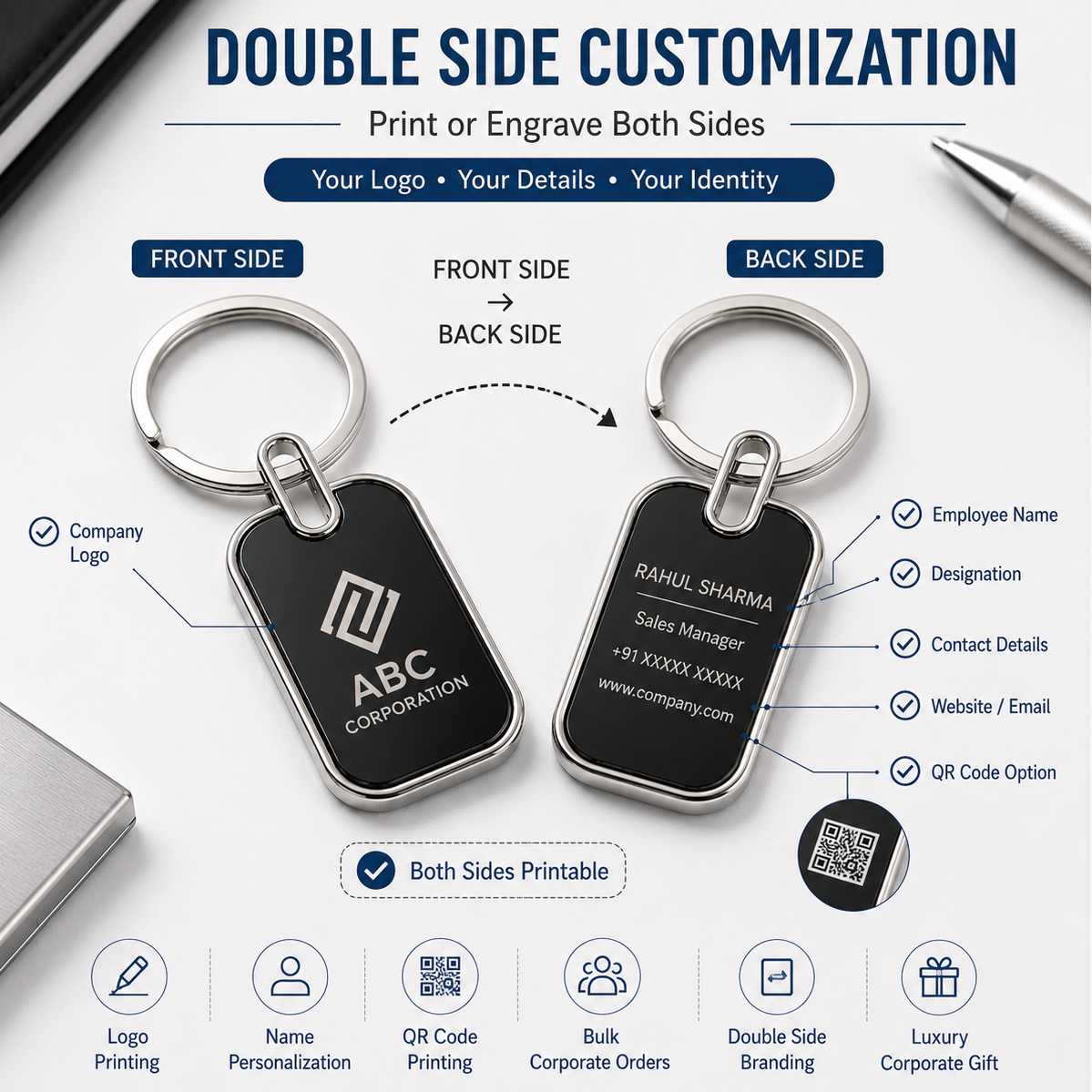 Keychain with customization options on a white background