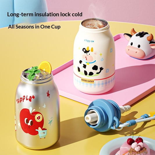 Cute Kids Water Bottle 420ml – Stainless Steel Cartoon Bottle with Strap