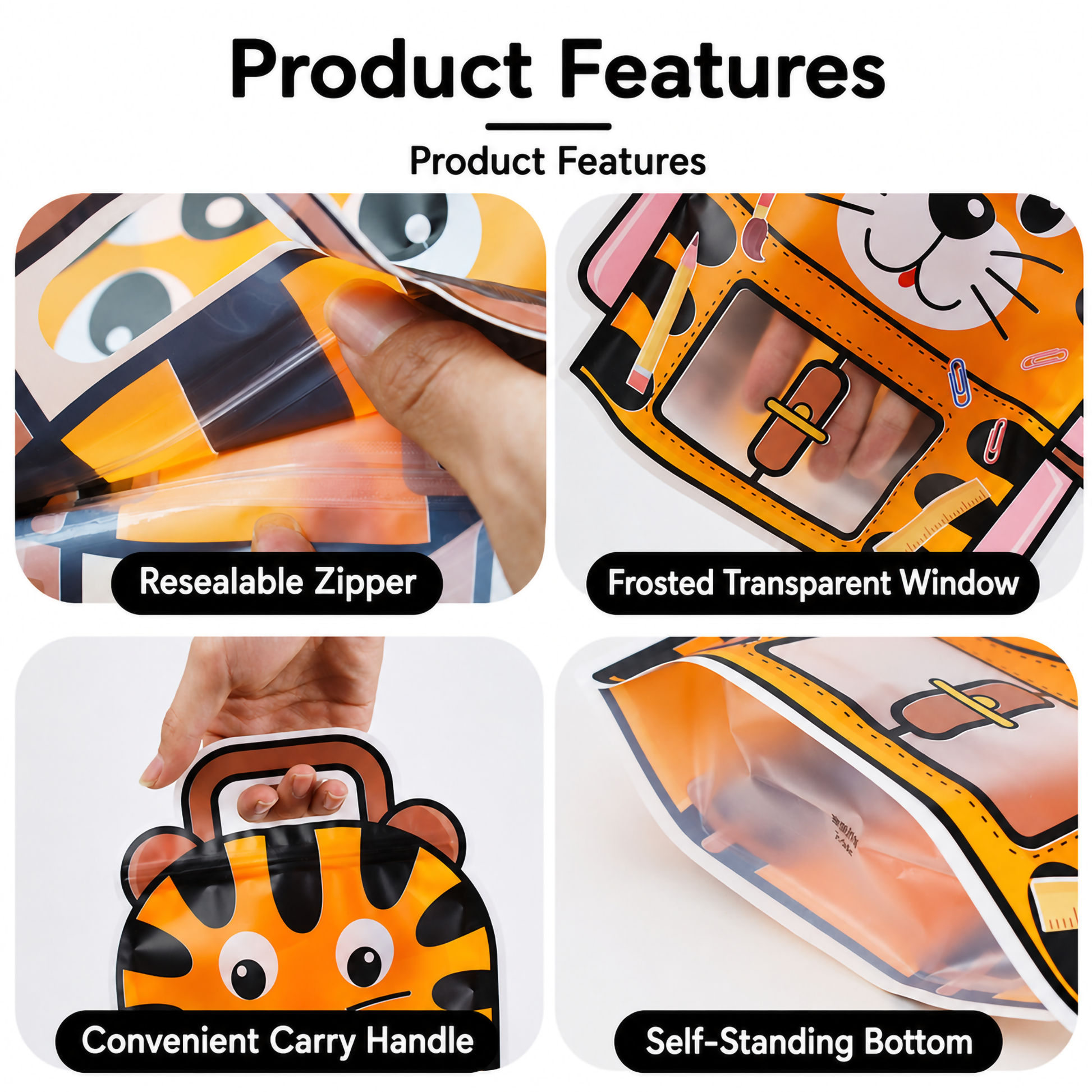Hand holding a blue cartoon tiger party favor bag by its integrated top handle.