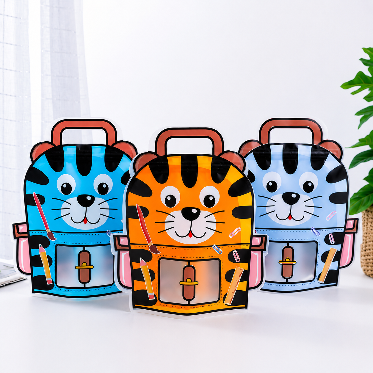 Cartoon tiger shaped ziplock gift bags in orange and blue displayed on a white podium.