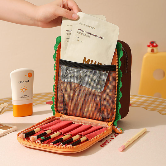 Cartoon Sandwich Cosmetic Pouch with Mesh Pocket