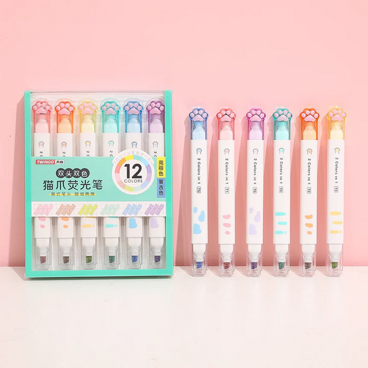 Cat Paw Double-Sided Highlighters – 6 Pens, 12 Colors