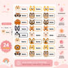 Personalized Cute Cartoon Animal Face Theme Name Stickers | Waterproof UV DTF Labels | 24 Stickers