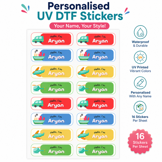 Personalized Kids Name Stickers | Waterproof UV DTF Labels | 16 Stickers