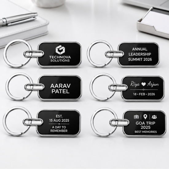 Set of personalized keychains with engraved text on a desk with office supplies.