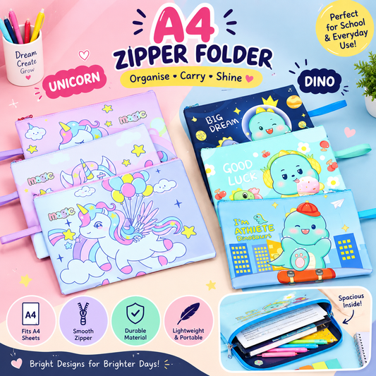 Dino & Unicorn A4 Zipper Folder Bag – Cute & Durable Organizer