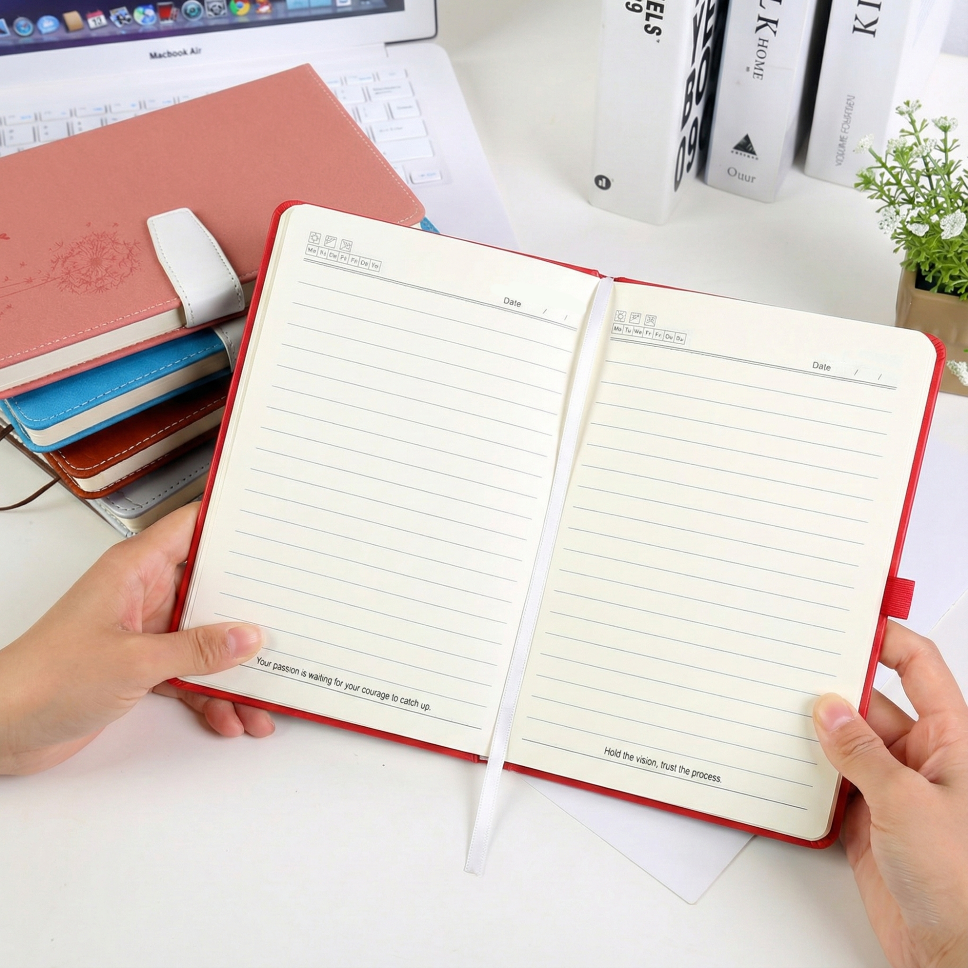 Professional corporate notebook in red A5 size with vertical security band.