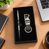 Personalized Laser Engraved Metal Pen & Leatherette Keychain Gift Set in Elegant Black Box