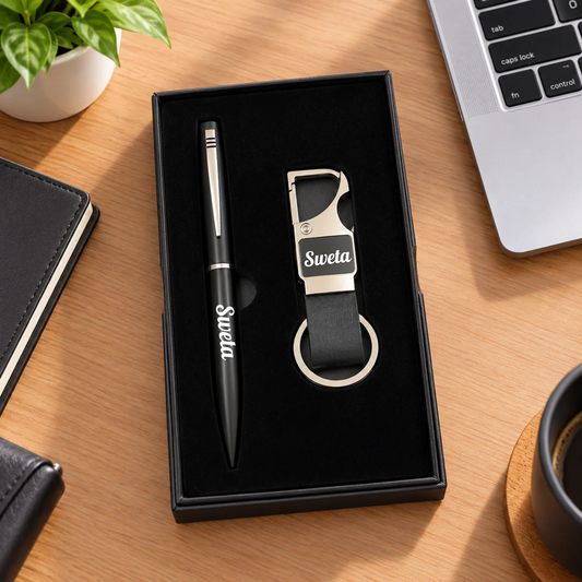Personalized Laser Engraved Metal Pen & Leatherette Keychain Gift Set in Elegant Black Box