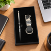 Personalized Laser Engraved Metal Pen & Leatherette Keychain Gift Set in Elegant Black Box