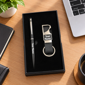 Personalized Laser Engraved Metal Pen & Leatherette Keychain Gift Set in Elegant Black Box