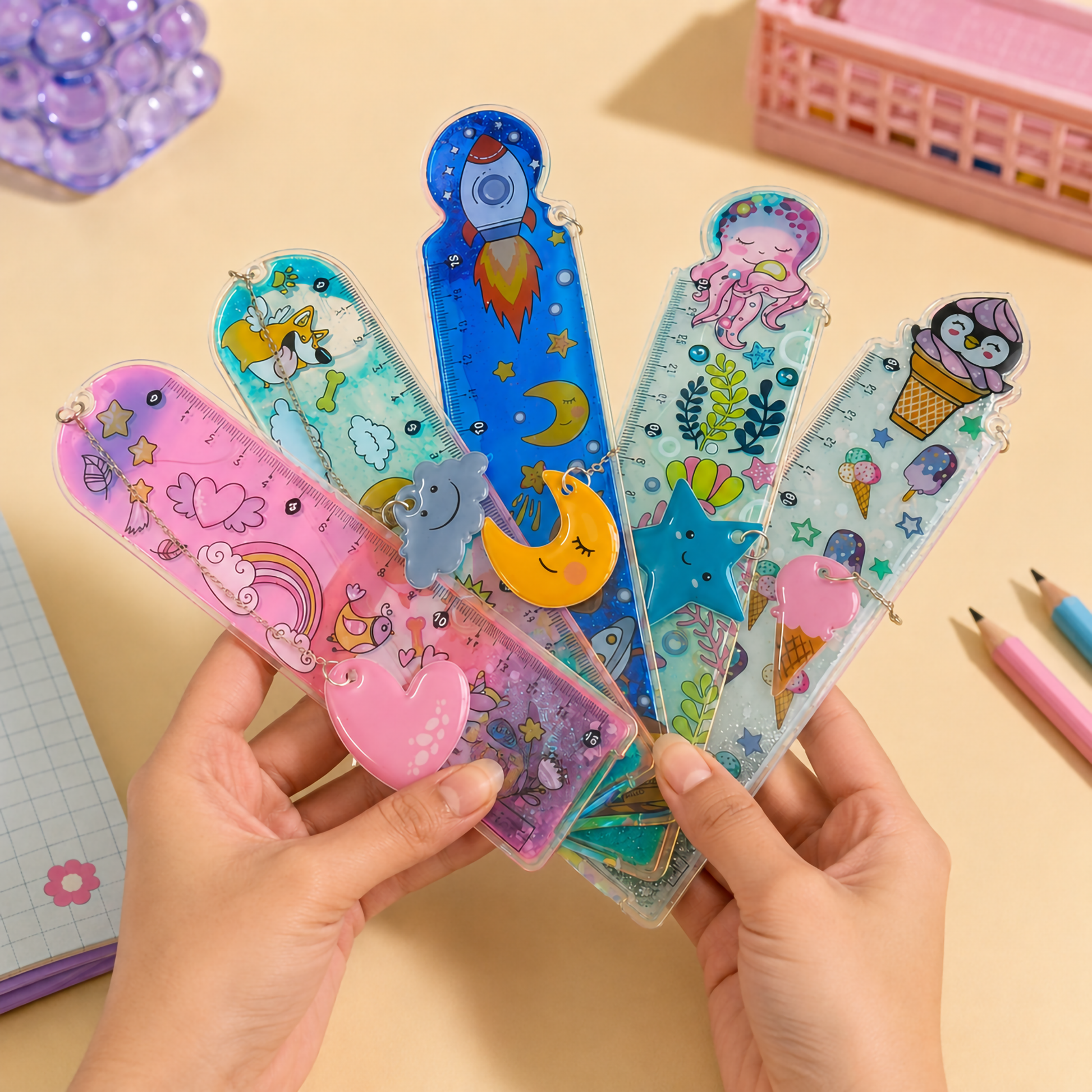 Five assorted liquid floating glitter ruler scales featuring pink rainbow, blue dog, space rocket, ocean octopus, and ice cream themes held up in two hands.