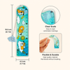 Product dimension diagram showing a blue dog-themed liquid glitter scale with 15.5 cm length and 4.3 cm width, alongside close-ups of clear centimeter scale markings and a flexing durable body.