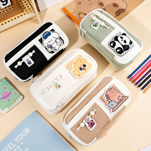 Multi-Layer Canvas Pencil Pouch with Cartoon Patch and Zipper Compartments | Cute Aesthetic Pencil Pouch