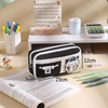 Multi-Layer Canvas Pencil Pouch with Cartoon Patch and Zipper Compartments | Cute Aesthetic Pencil Pouch