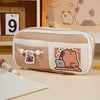 Multi-Layer Canvas Pencil Pouch with Cartoon Patch and Zipper Compartments | Cute Aesthetic Pencil Pouch