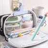 Multi-Layer Canvas Pencil Pouch with Cartoon Patch and Zipper Compartments | Cute Aesthetic Pencil Pouch