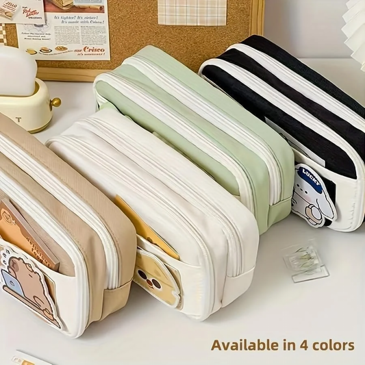 Multi-Layer Canvas Pencil Pouch with Cartoon Patch and Zipper Compartments | Cute Aesthetic Pencil Pouch