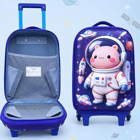 Cute Astronaut Bear Kids Travel Suitcase – 3D Cartoon Rolling Trolley Bag