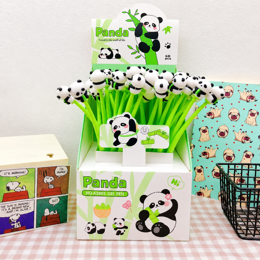 Close-up shot of the green retail display box (Model No. A3805) filled with 48 pieces of cute panda gel pens.
