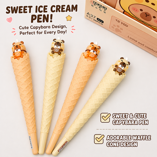 Kawaii animal theme kids writing instruments featuring a smiling brown capybara topper holding a tiny tea mug