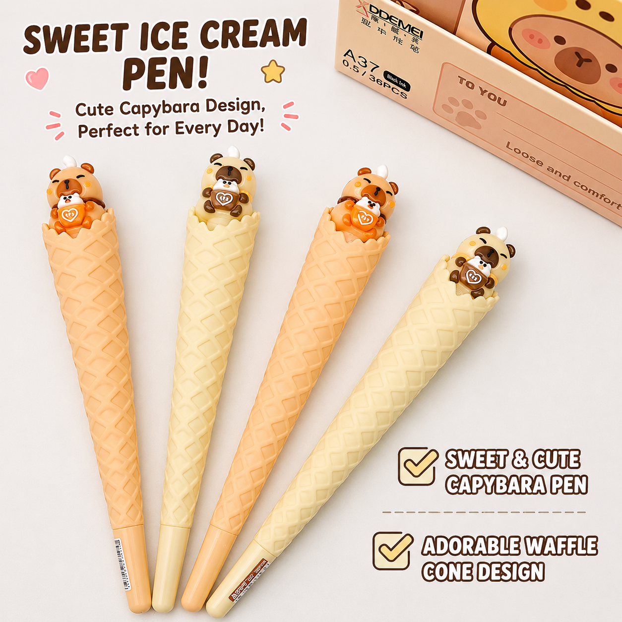 Kawaii animal theme kids writing instruments featuring a smiling brown capybara topper holding a tiny tea mug