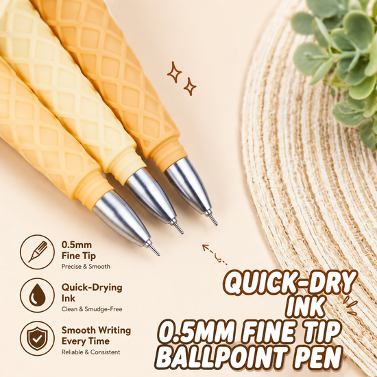 Two premium 0.5mm fine-tip capybara waffle cone cartoon pens shown lying horizontally with their protective caps off.