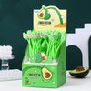 Close-up shot of the green retail display box (Model No. A3812) filled with 48 pieces of cute avocado gel pens