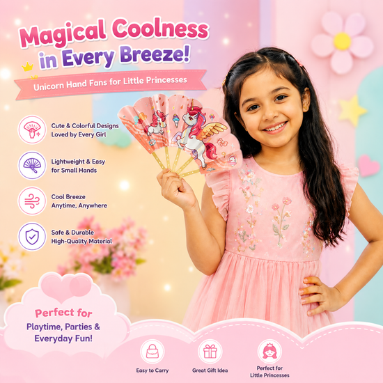 Close-up of open children's handheld manual fans highlighting detailed graphics of a pink unicorn.