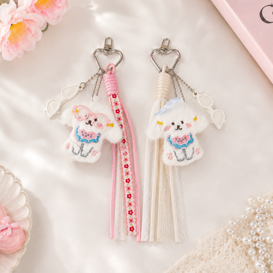 Cute Fluffy Doggy Keychain | Plush Puppy Bag Charm with Ribbon Lanyard