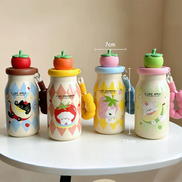 Cute Fruit Lid Insulated Water Bottle 400ml with Straw & Beaded Strap for Kids
