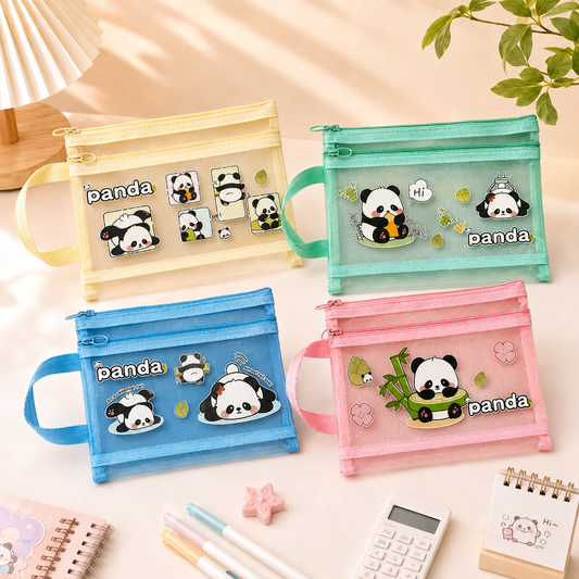 Cute Panda Net Pencil Pouch with Handle - 2 Compartment Kids Stationery Bag