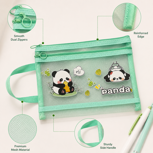 Cute Panda Net Pencil Pouch with Handle - 2 Compartment Kids Stationery Bag
