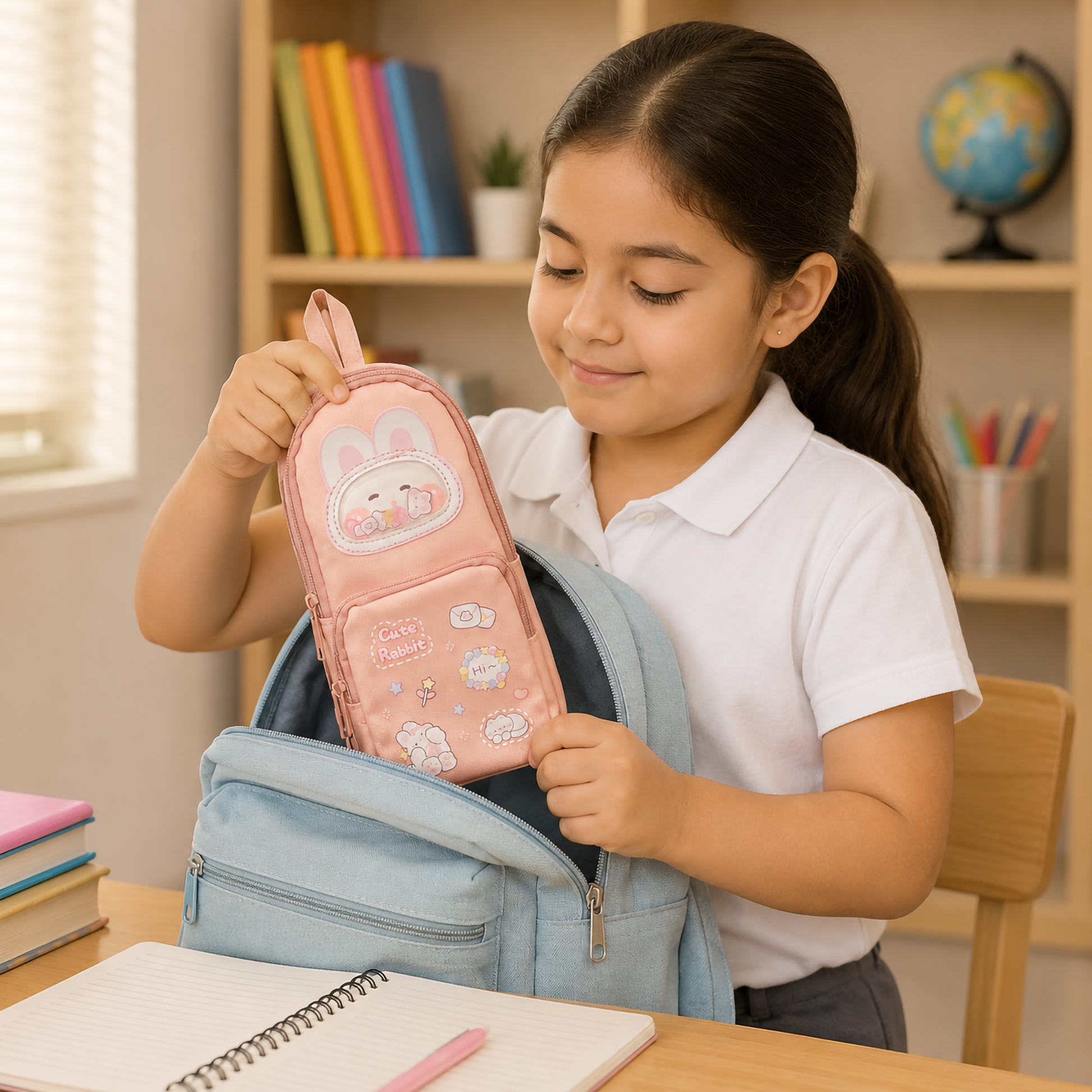 Cute pastel pink multi-layer cartoon rabbit pencil pouches