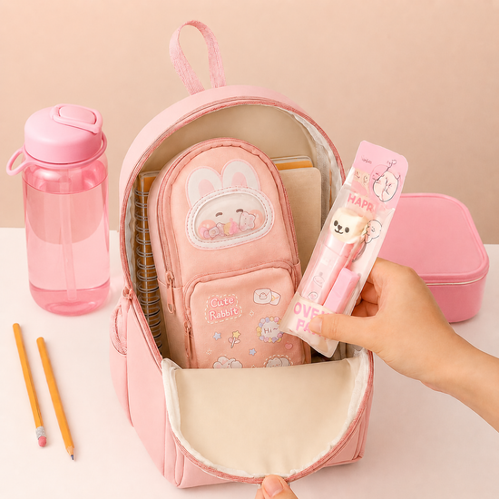 Premium high-capacity kids bunny canvas pencil case showing front utility pocket details and top carrying handles.