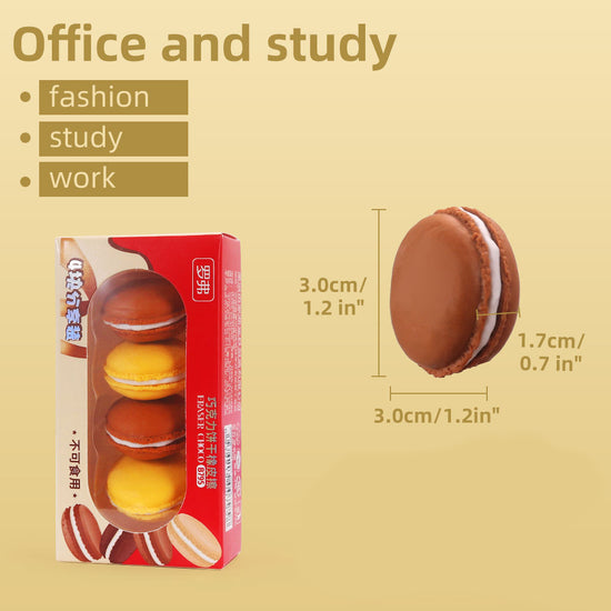 Product dimension infographic highlighting the 3.0cm width and 1.7cm height of the realistic macaron eraser.